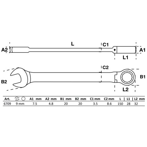 Klucz płasko-oczkowy z grzechotką | łamany | 9 mm - 2