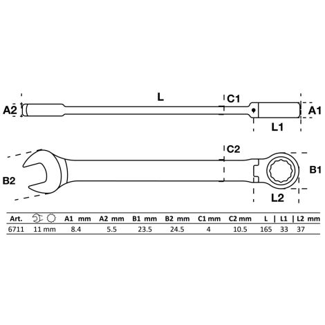Klucz płasko-oczkowy z grzechotką | łamany | 11 mm - 2