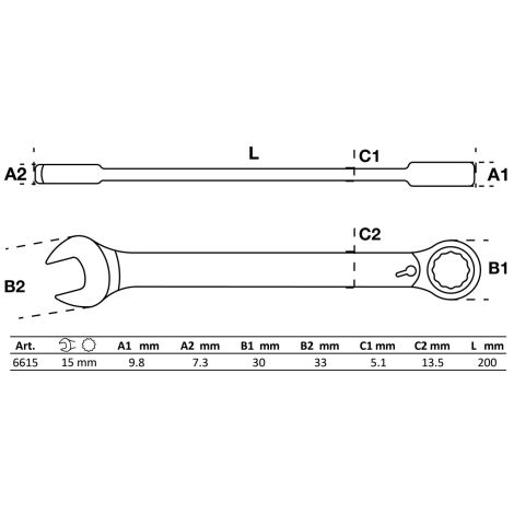 Klucz płasko-oczkowy z grzechotką | przełączalny | 15 mm - 2