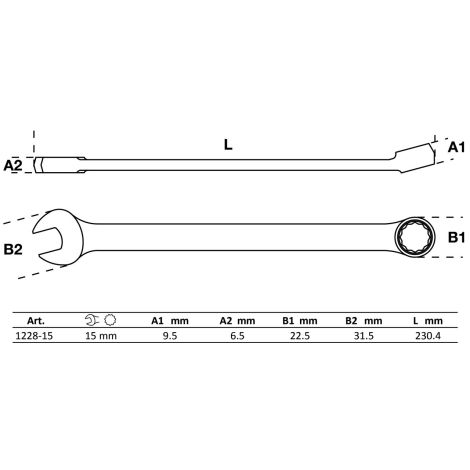 Klucz płasko-oczkowy | długi | 15 mm - 2
