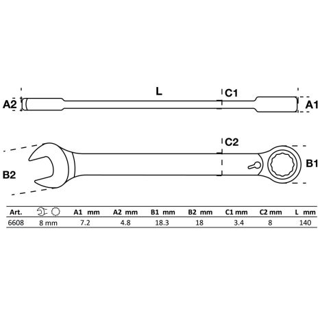 Klucz płasko-oczkowy z grzechotką | przełączalny | 8 mm - 2