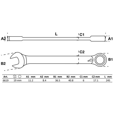 Klucz płasko-oczkowy z grzechotką | przełączalny | 19 mm - 2